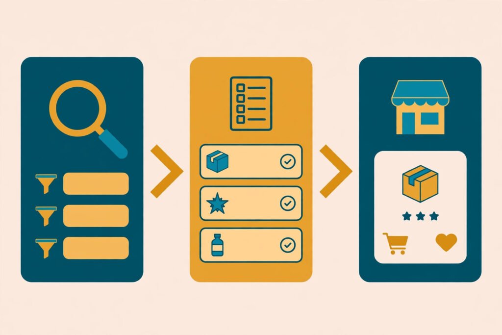 Flat vector illustration of a dropshipping product research workflow