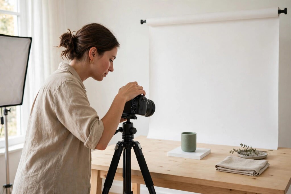 Photorealistic photo of a seller shooting a product photo for a listing