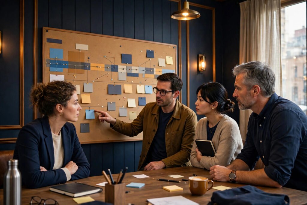 Photorealistic photo of a project team reviewing a timeline board in an office