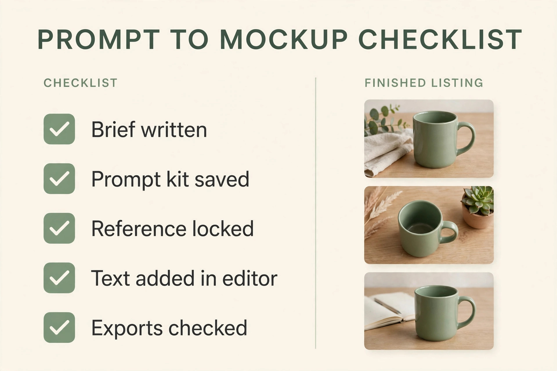 Prompt to mockup checklist visual with finished listing images
