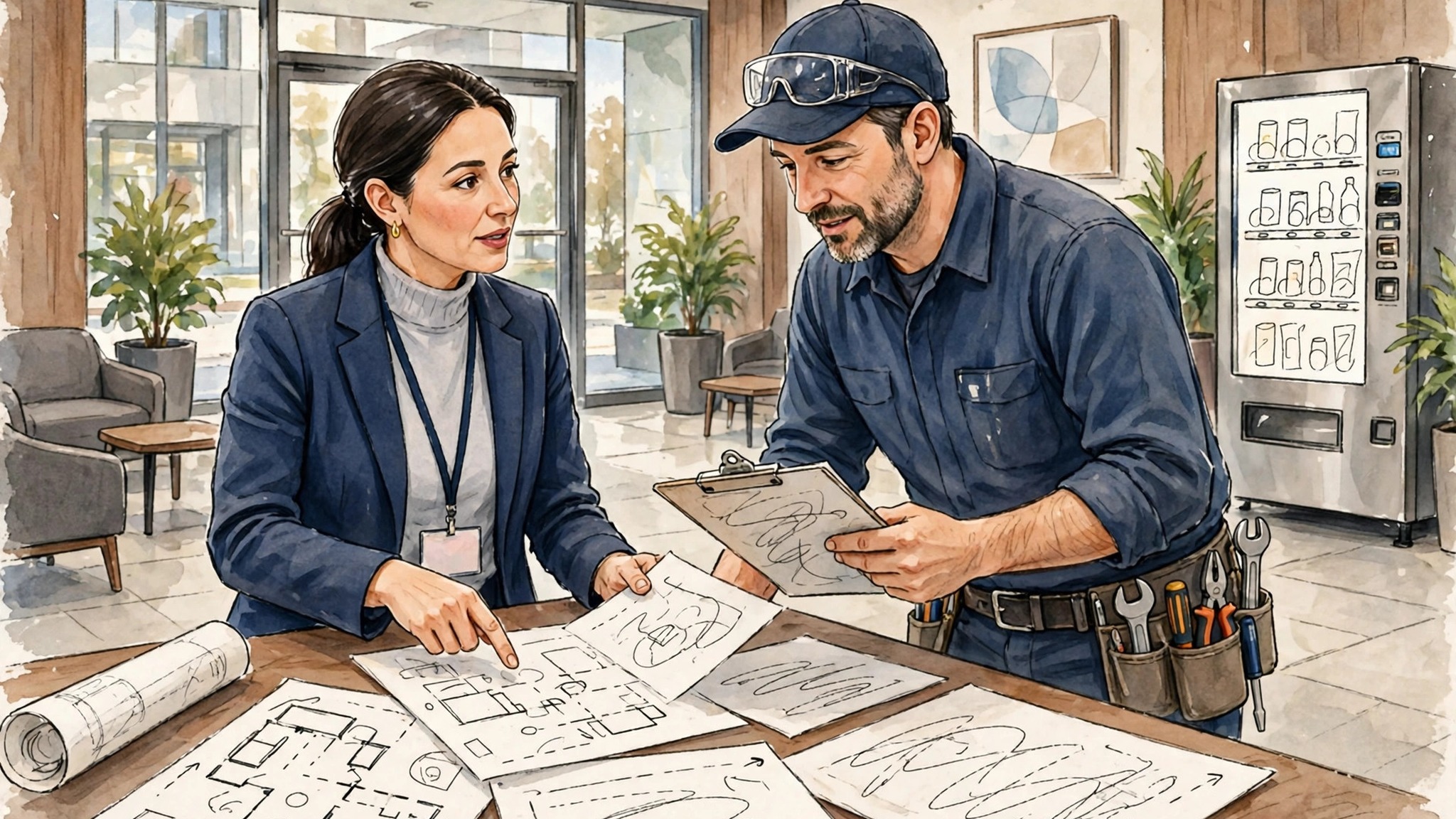 Property manager discussing a vending machine proposal