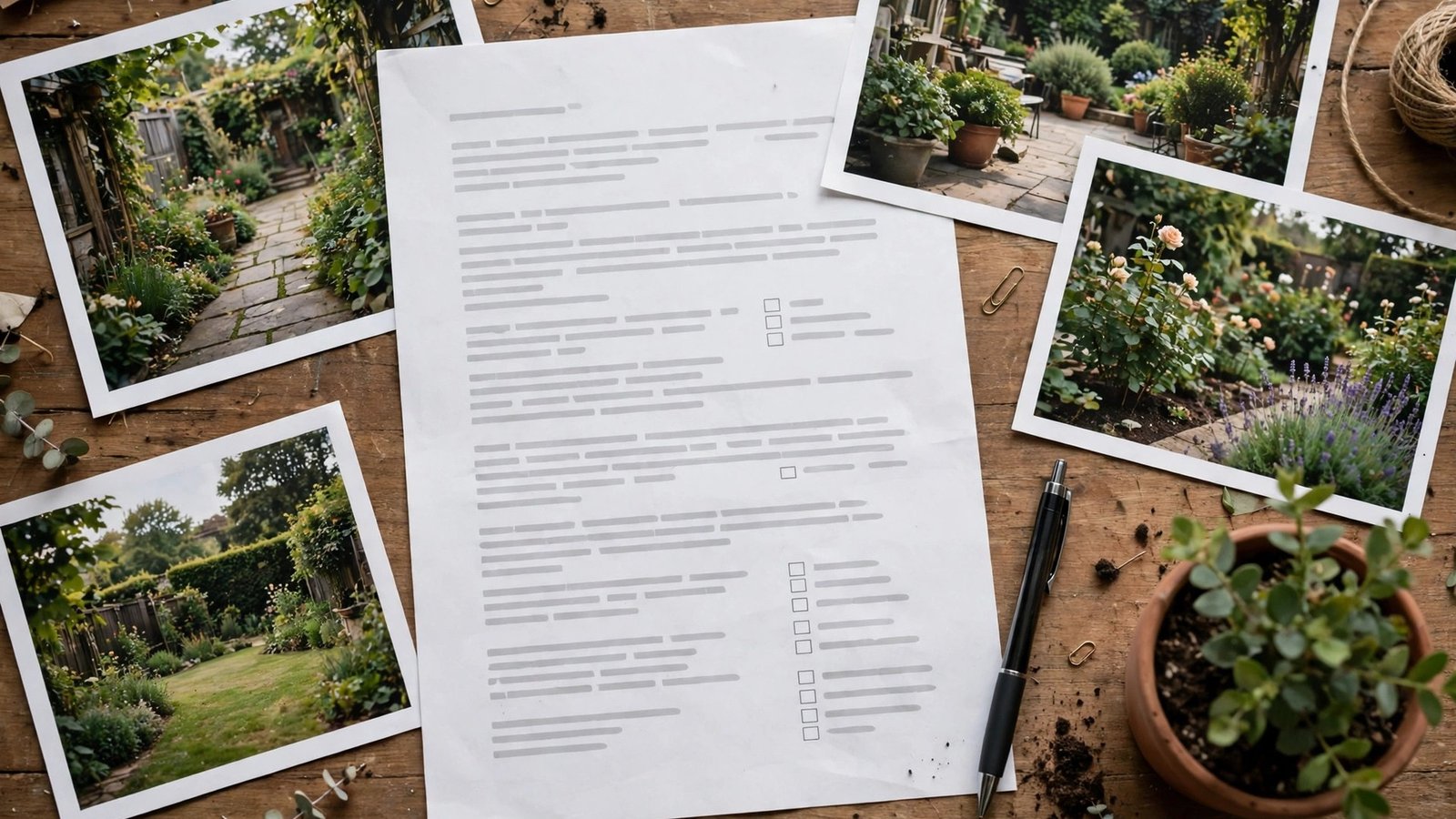 Yard care proposal and garden photos on a desk