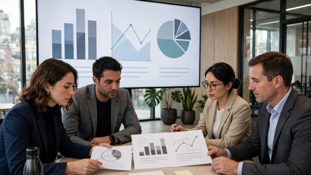 Sales team reviewing a proposal on a large screen