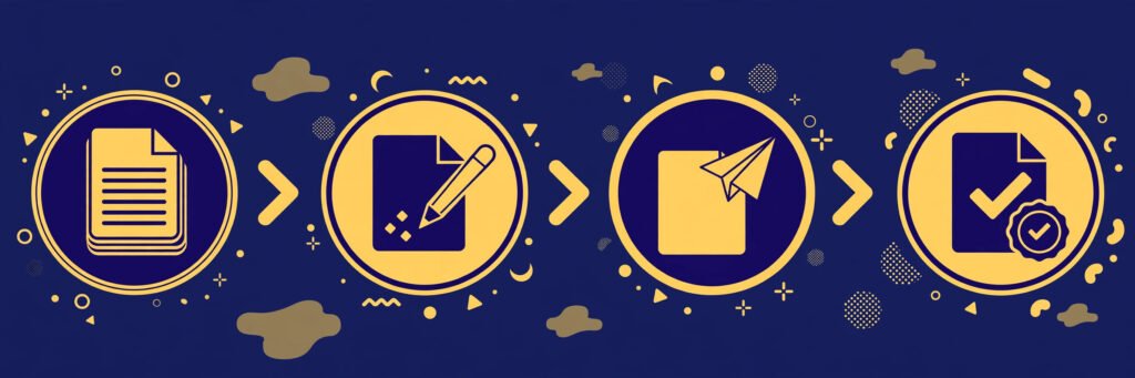 Flat vector illustration of a proposal workflow from draft to signed deal