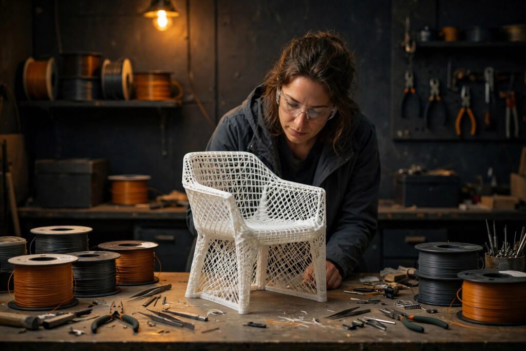 Photorealistic photo of a designer inspecting a 3D printed prototype on a workbench