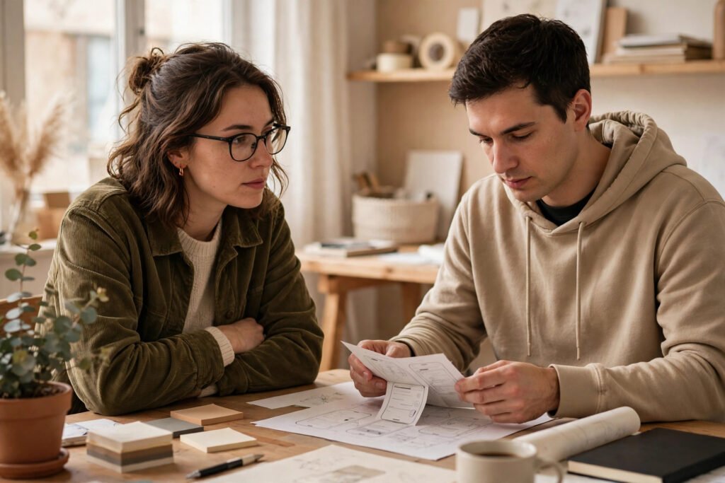 Photorealistic photo of a UX designer watching a user test a prototype