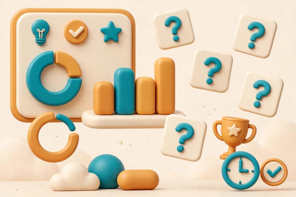 3D render of a quiz dashboard with floating question cards