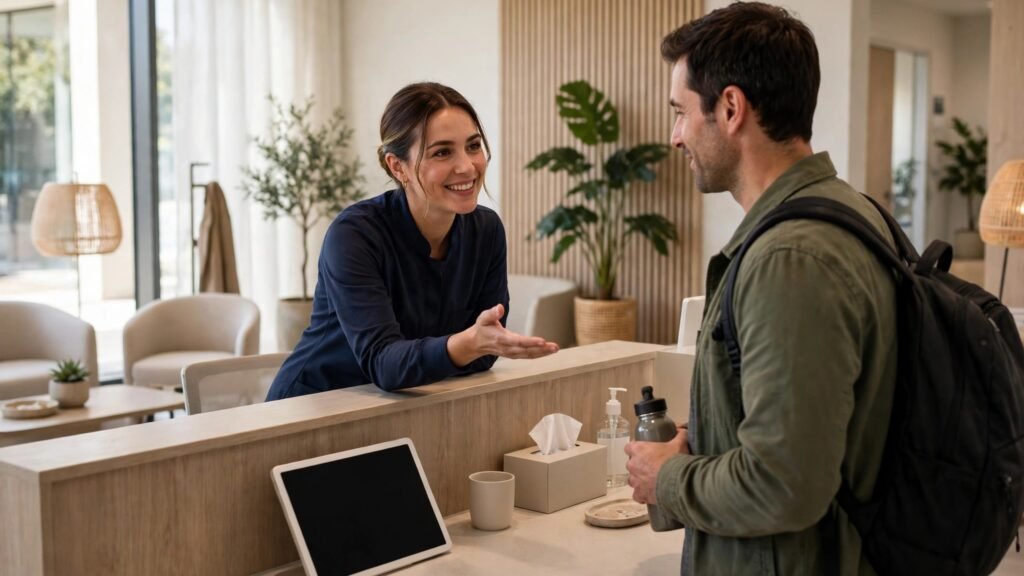 Editorial photo of a clinic receptionist welcoming a patient at a front desk