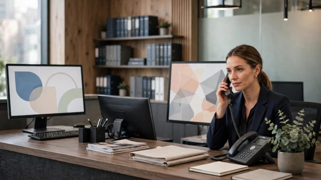 Editorial photo of a receptionist answering a phone call at a law firm