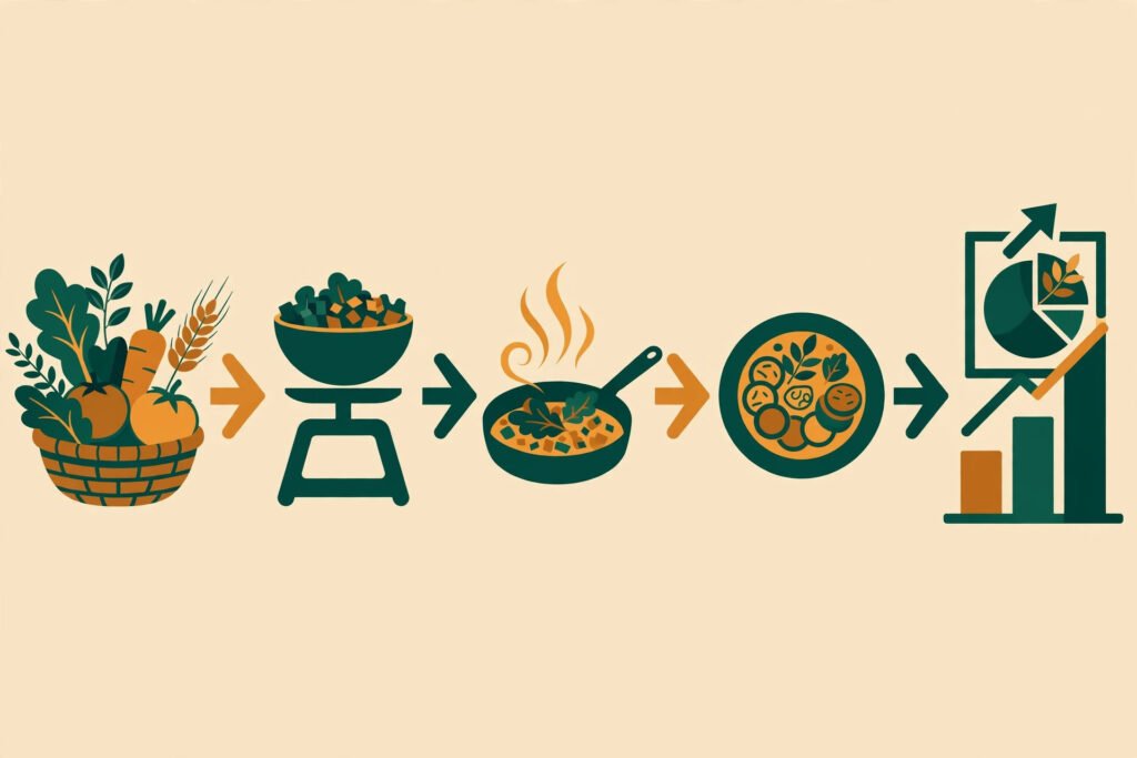 Flat vector illustration of a recipe costing workflow
