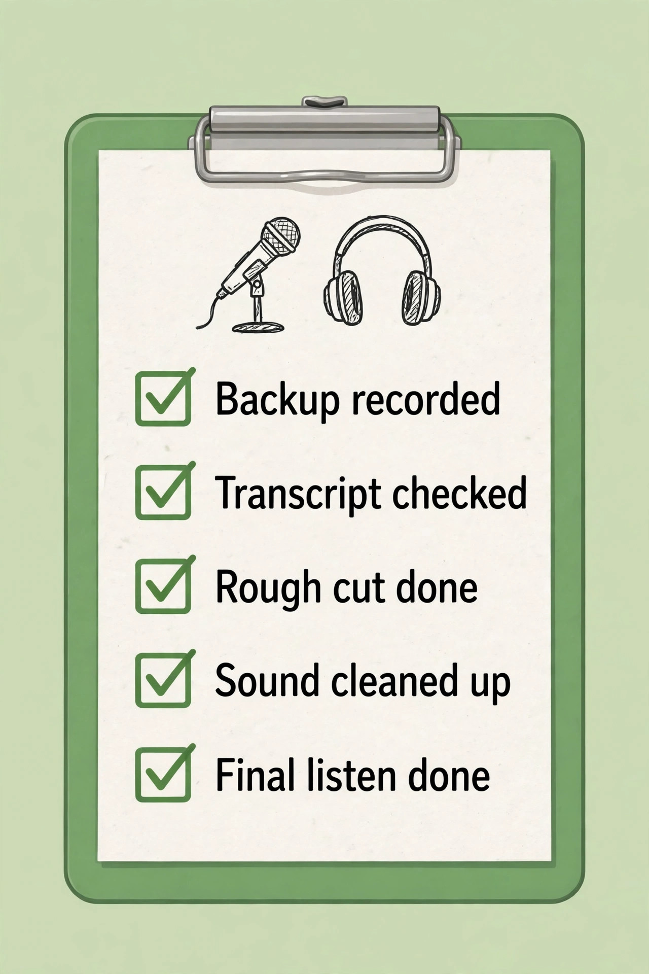 Podcast record to publish checklist with completed steps