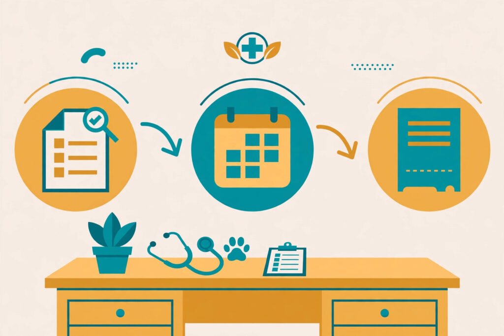 Flat vector illustration of a veterinary record workflow