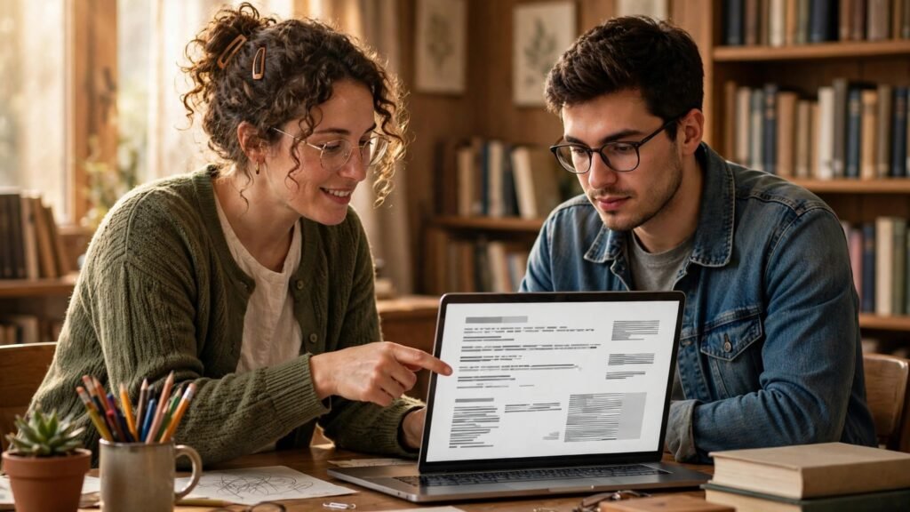 Librarian helping a patron with research at a library reference desk