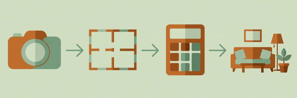 Flat vector illustration of a renovation workflow from photo to finished room
