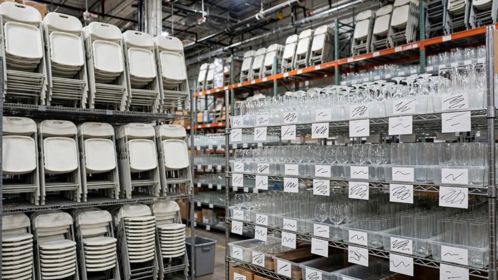 Catering rental warehouse with chairs and glassware for events