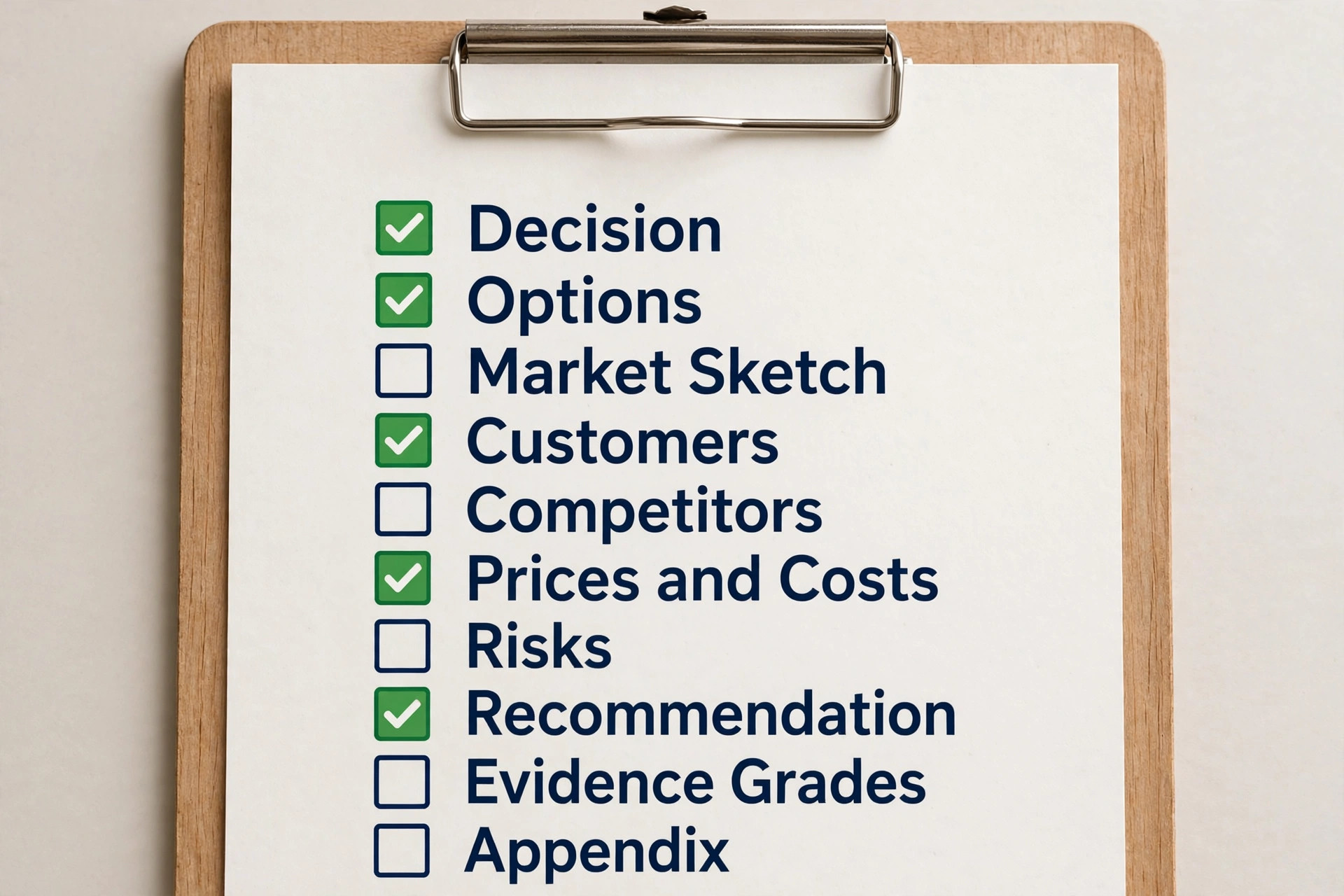 Research brief template checklist with tick boxes