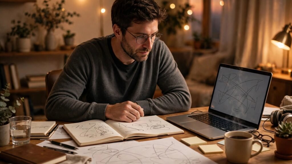 Freelance writer researching at a desk with notebooks and laptop