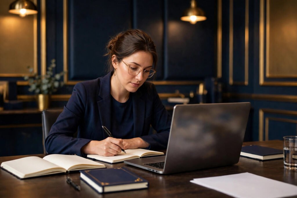 Photorealistic photo of a consultant researching client questions at a desk