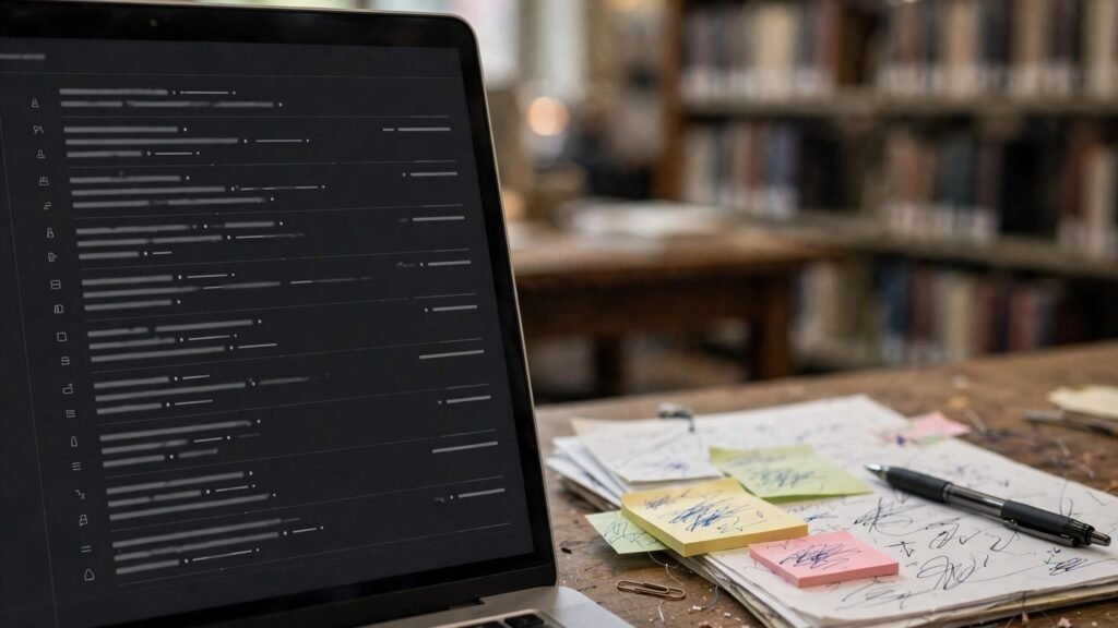 Research paper list and notes on a screen for library research help