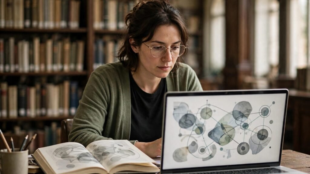 Editorial photo of a researcher checking sources on a laptop