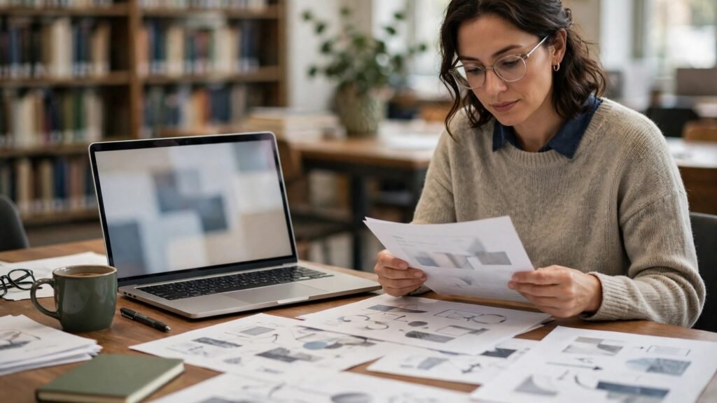Editorial photo of a researcher reviewing papers at a library desk