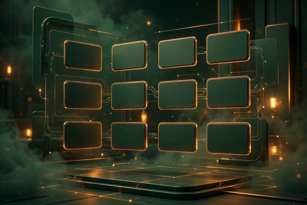 3D render of a restaurant reservation dashboard with table cards