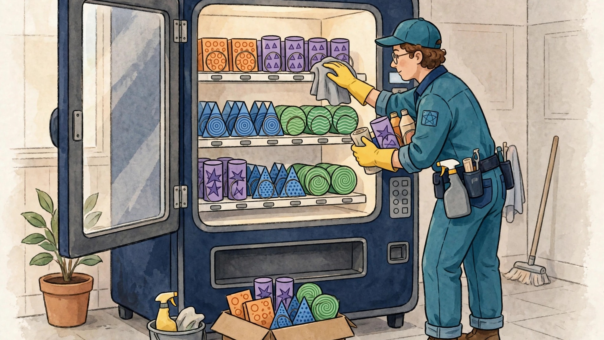 Operator restocking and cleaning a vending machine