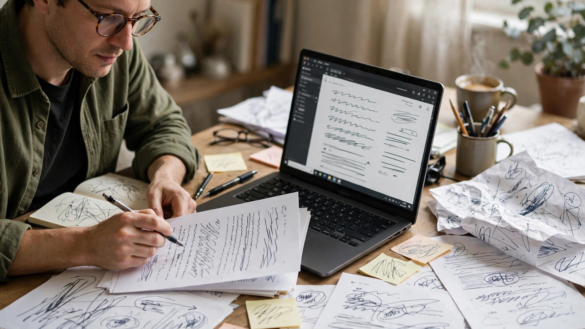 Author revising a book manuscript with notes