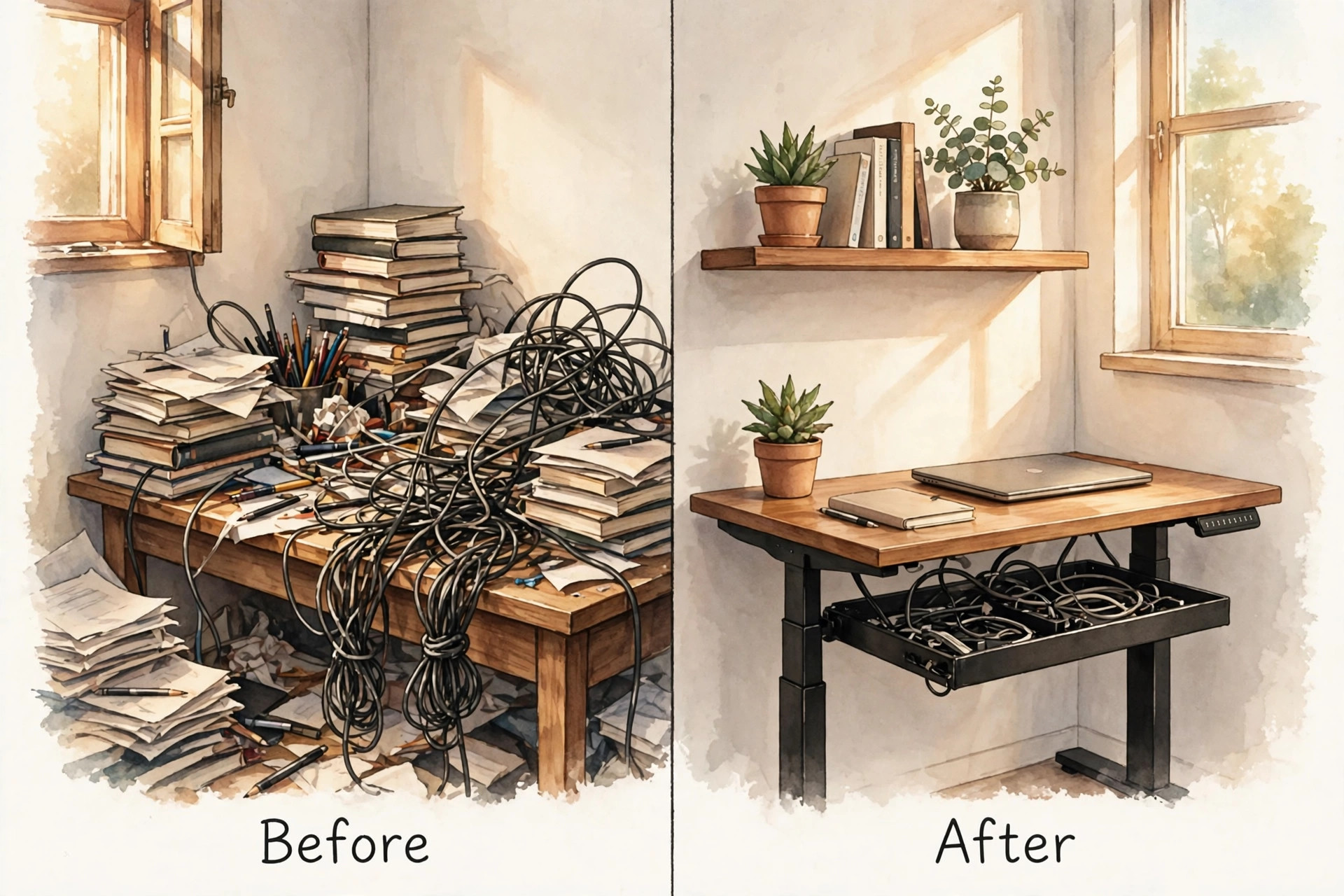 Before and after small room desk corner layout
