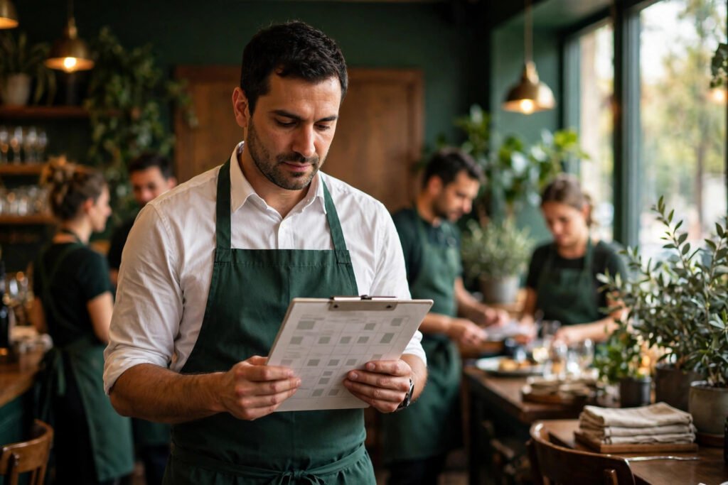 Editorial photo of a restaurant manager reviewing a staff rota