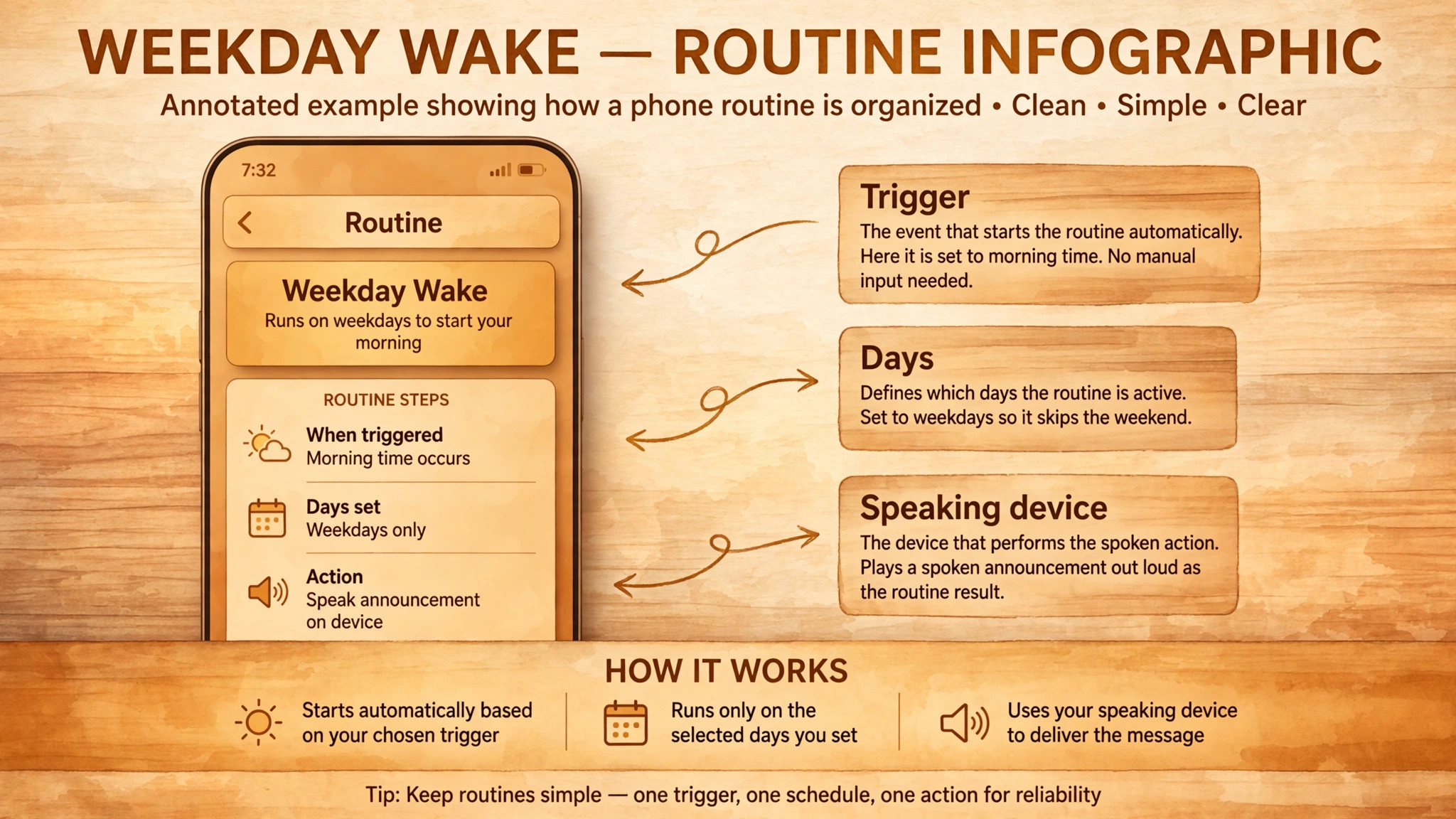 Annotated routine settings example for Weekday Wake
