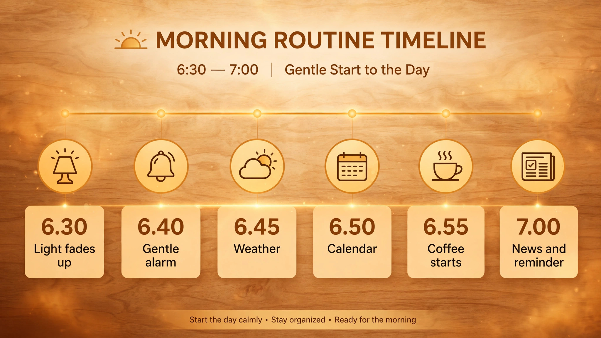Thirty minute morning routine timeline from light fade to leaving