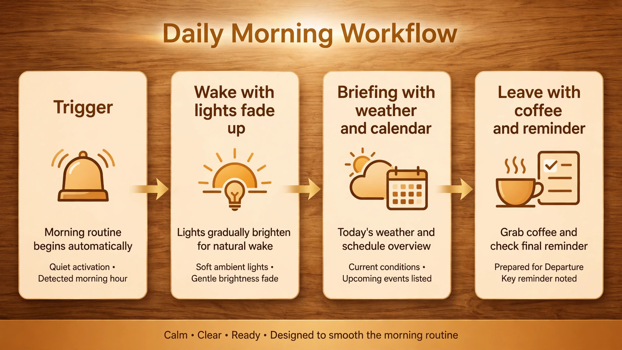 Morning routine workflow from trigger to leave steps