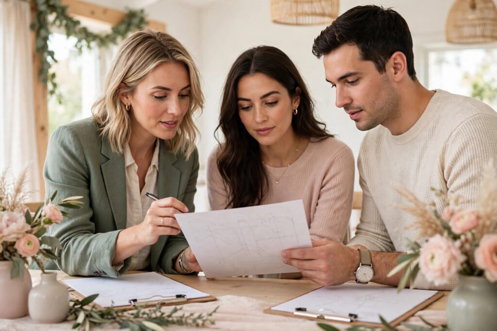 Editorial photo of a wedding planner reviewing the run sheet with a couple