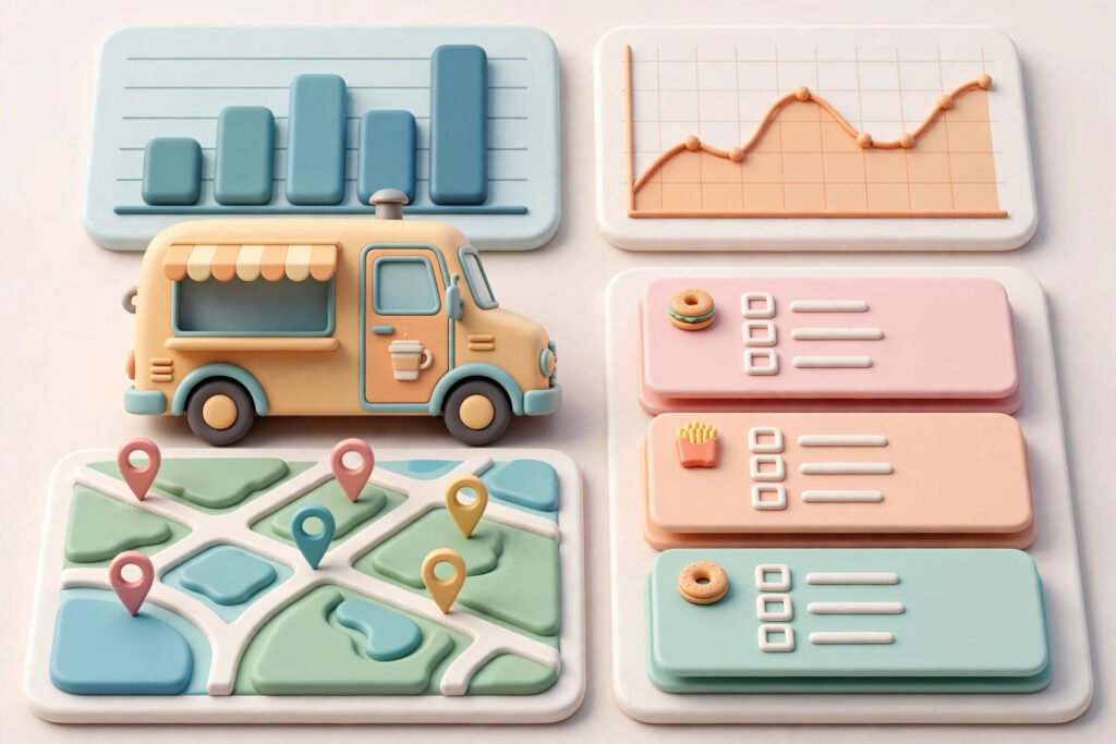 3D render of a food truck sales and location dashboard