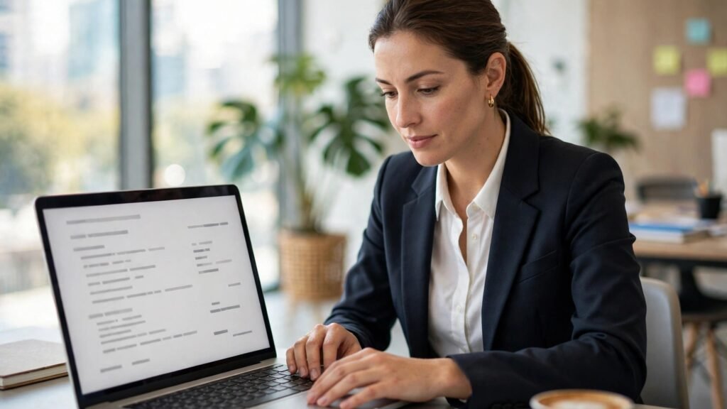 Sales rep booking a meeting on a laptop in a bright office