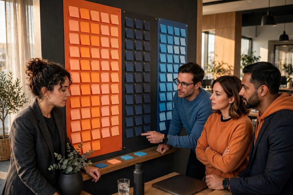 Photorealistic photo of a sales team reviewing a CRM pipeline