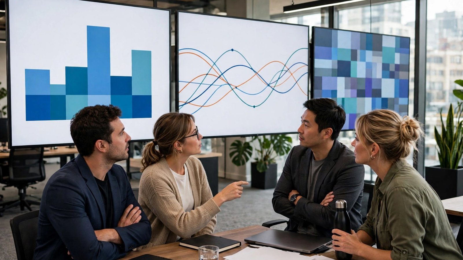 Sales team reviewing a lead list on large screens