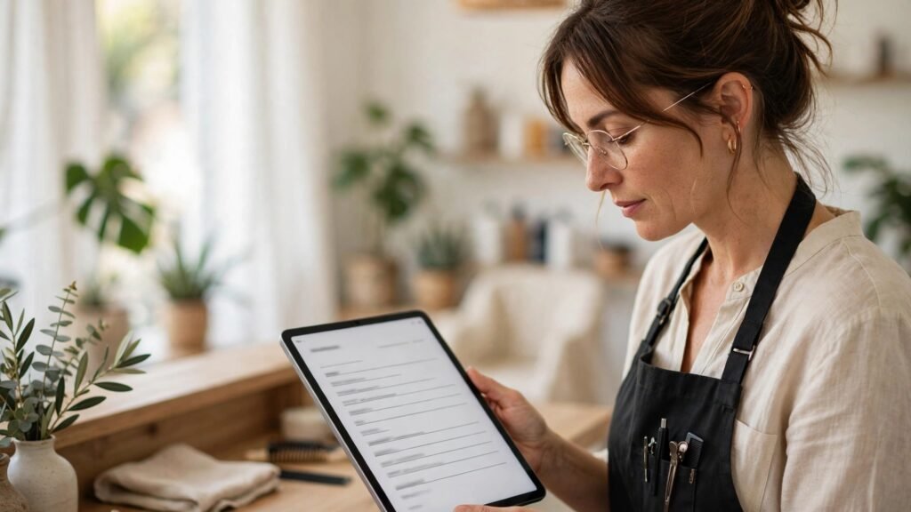 Editorial photo of a salon owner checking appointments on a tablet