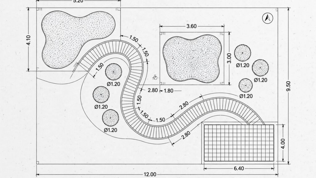 Scaled garden plan with beds paths and measurements