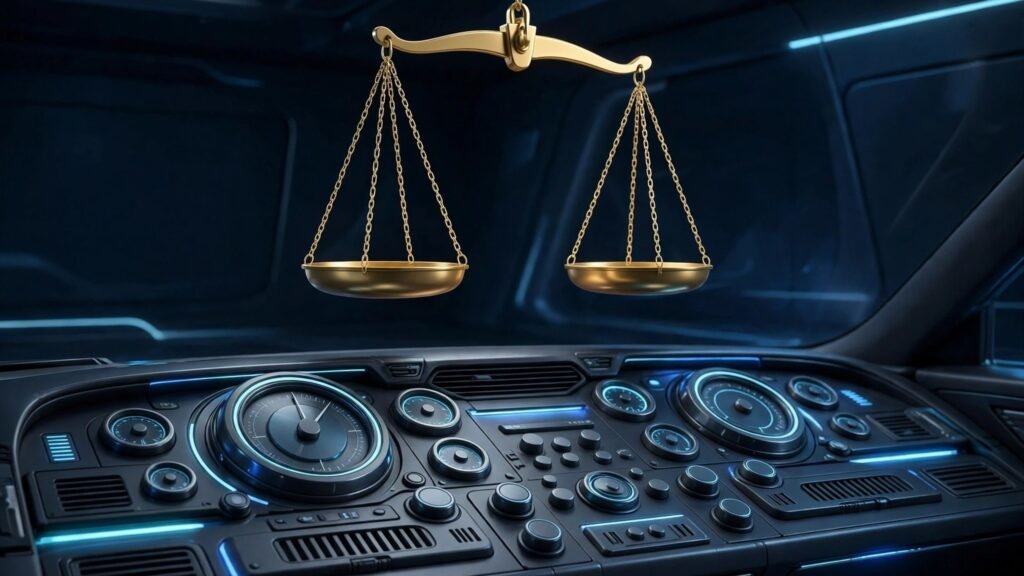 3D render of scales of justice above a dashboard
