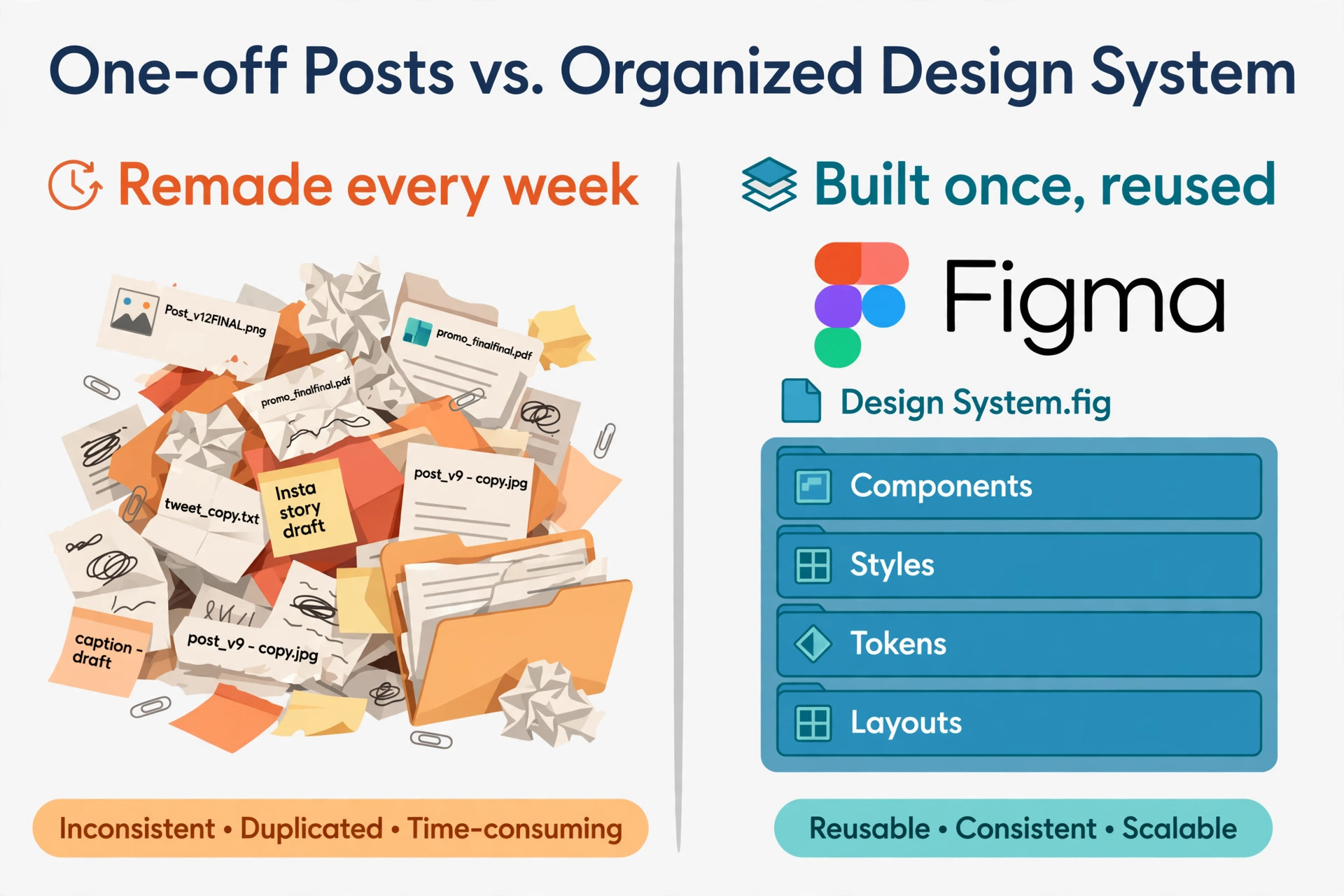 Comparison of scattered post files versus one Figma template system