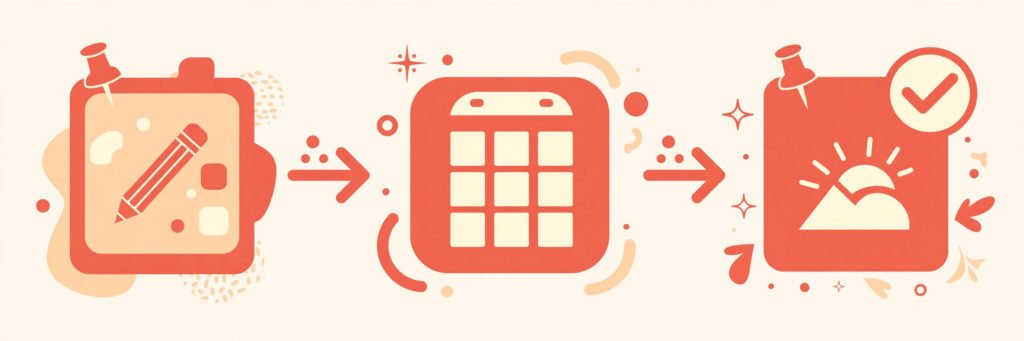 Flat vector illustration of a Pinterest scheduling workflow