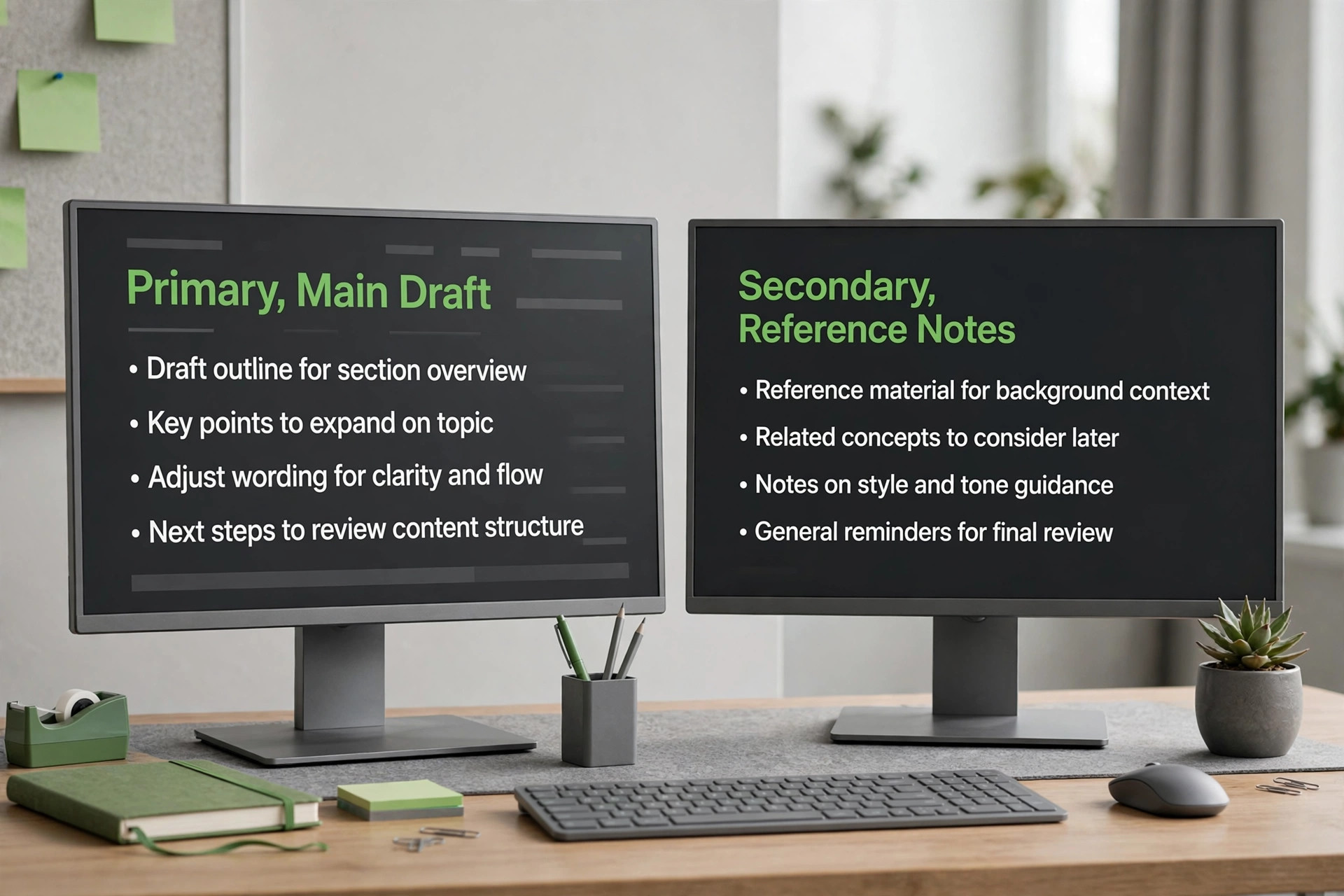 Desk mockup with draft on the primary screen and notes on the secondary screen