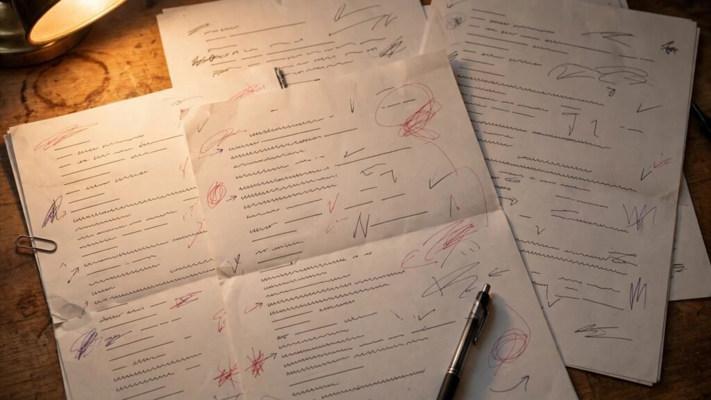 Printed screenplay pages with revision notes