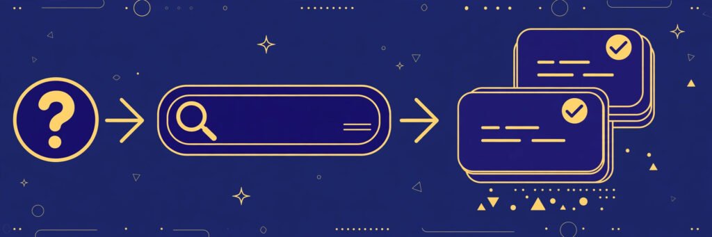 Flat vector illustration of an enterprise search workflow from question to cited answer