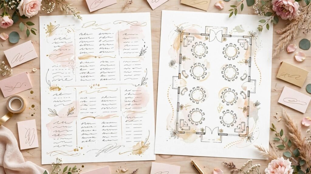 Wedding seating chart and floor plan on a table