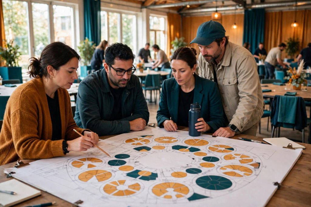 Planner reviewing a seating plan with a venue team in a bright event hall
