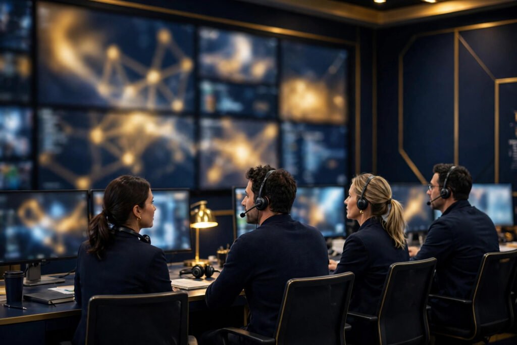 Photorealistic photo of a security team reviewing alerts in an operations centre