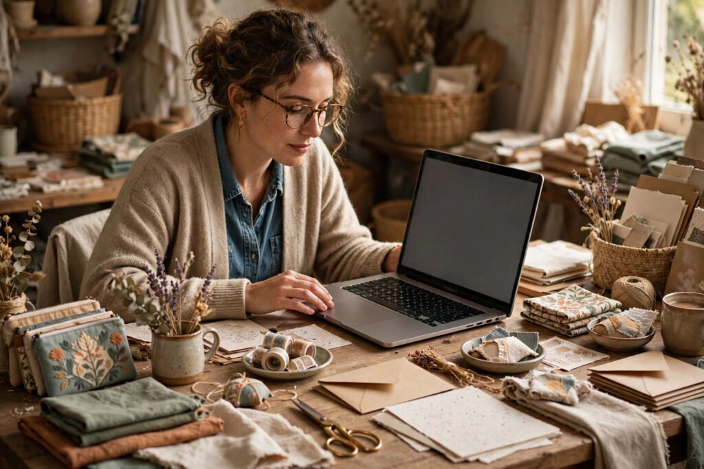 Photorealistic photo of an Etsy seller reviewing listings at a craft desk